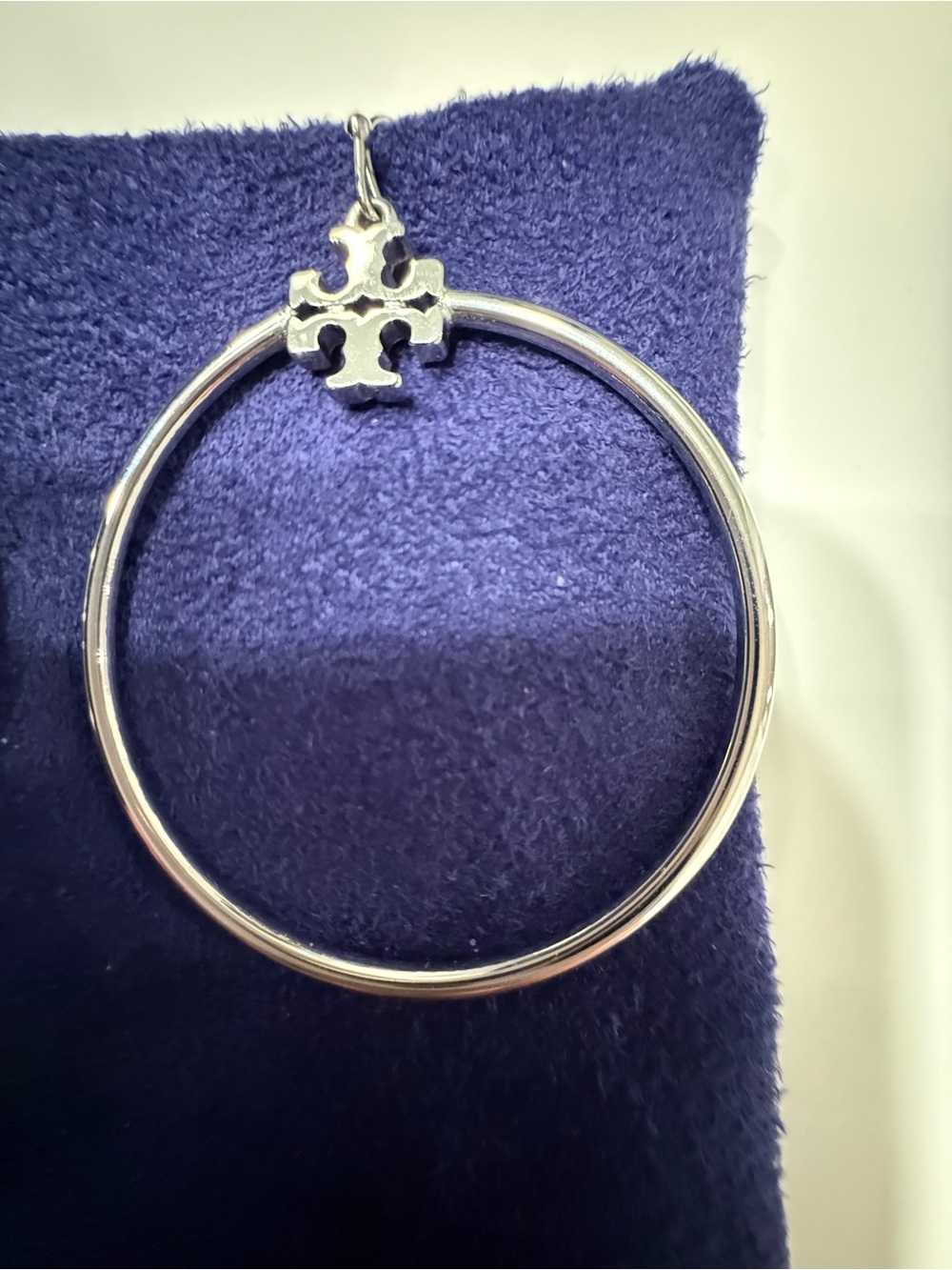 Tory Burch Silver Hoop Earrings with Logo Charm - Picture 4 of 4
